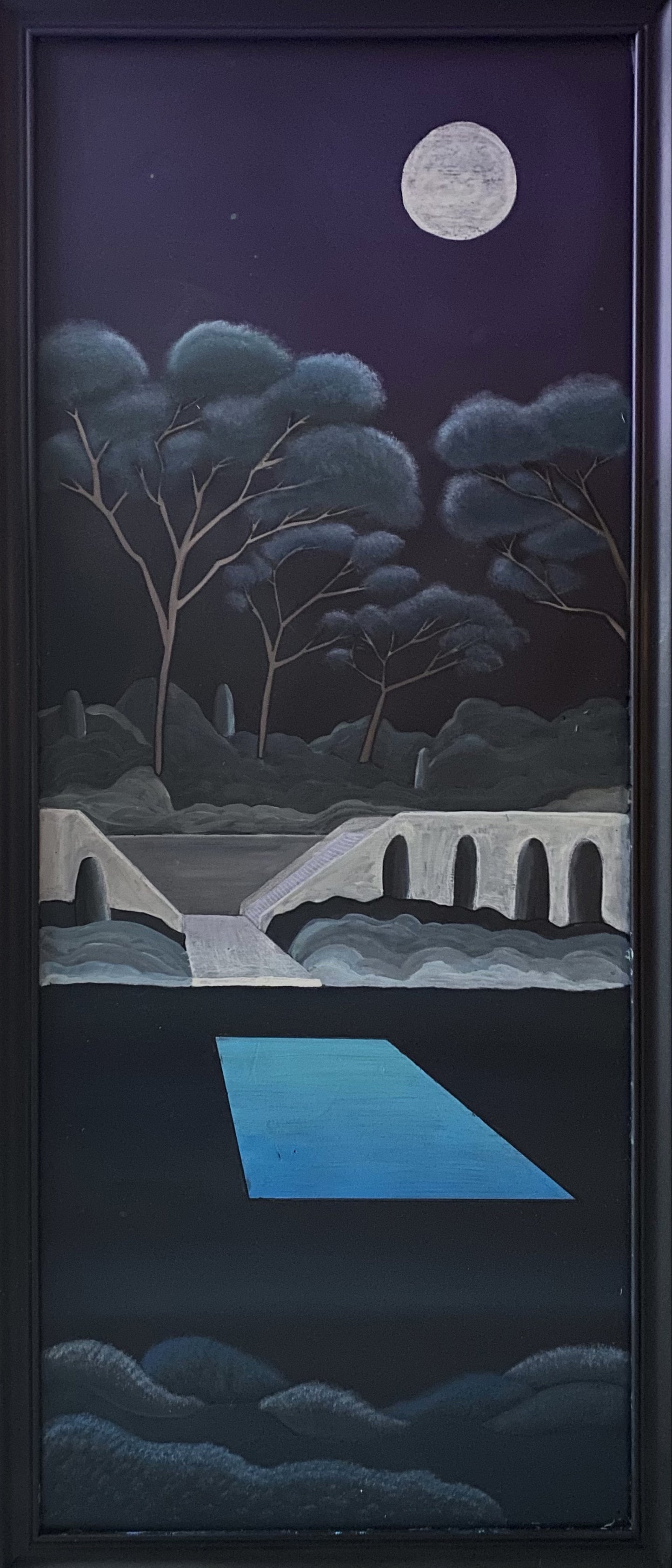 "Jardin de nuit avec piscine" (acrylique sur panneau de bois)